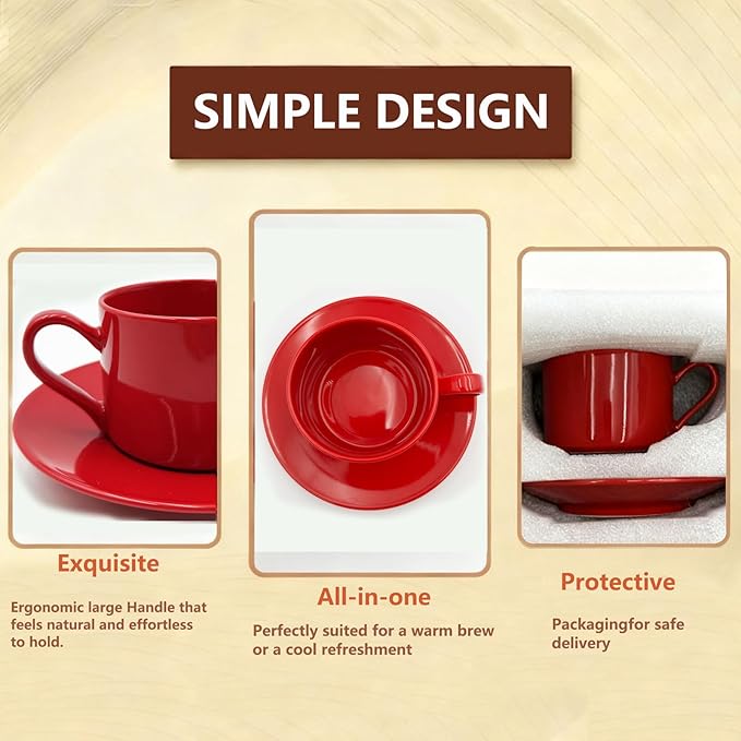 Porcelain 8oz Cappuccino Cup with Saucer - Ceramic Coffee Mug Perfect For Latte&Tea - Microwave and Dishwasher Safe -Tea Cup Sets for Afternoon Party,Christmas Gift,Red