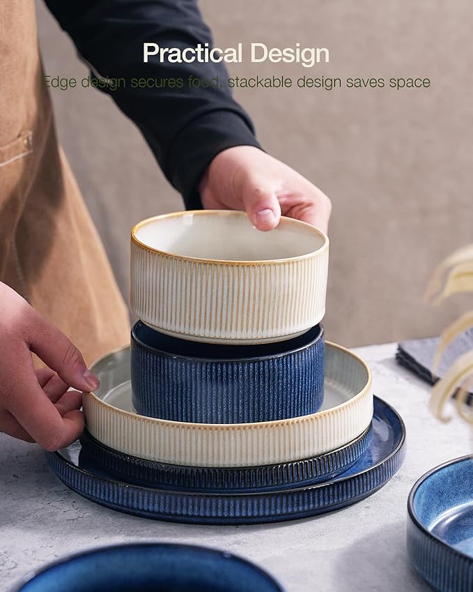 Famiware Star Dinnerware Set, Plates and Bowls Sets for 4 (12pcs), Ribbed Stoneware Dishes - Chip & Scratch Resistant, Microwave & Dishwasher Safe, Multicolor - Cappuccino White & Nebulas Blue