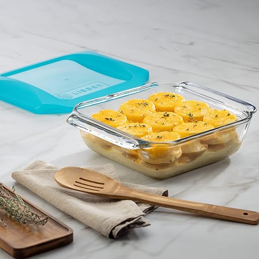 Libbey Baker’s Premium 8x8 Inch Glass Baking Dish Set of 2 with Lids, Stackable Bakeware with GreatGrip Handles, Durable Covered Square Dishes