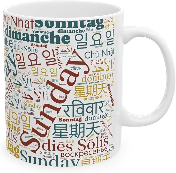 Vintage Sunday Word Cloud Mug | Global Languages Design | Teacher Appreciation Gift
