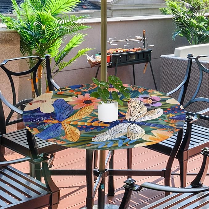 Dragonfly Outdoor Round Tablecloth with Umbrella Hole, Circle Fitted Tablecloths with Elastic 45"-56" Waterproof Oil-Proof Round Outdoor Tablecloth Patio Table Cover for Picnic Camping Party