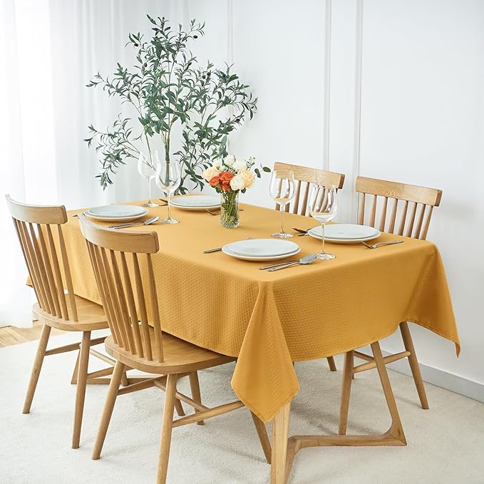 maxmill Tablecloth Weaved Texture Stain Resistant Waterproof, Wrinkle Resistant Washable Table Cloth, Fabric Table Cover for Dining Room, Indoor Outdoor Use, Rectangle 60 x 120 Inch, Ochre Yellow