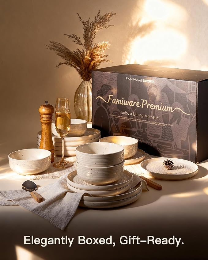 Stoneware Dinnerware Set, Highly Chip and Scratch Resistant Everyday Plates and Bowls for 8 (24pcs), Reactive Glaze Speckled Ceramic Flared Dishes with Gift Box, Microwave Dishwasher Safe, Shell Beige