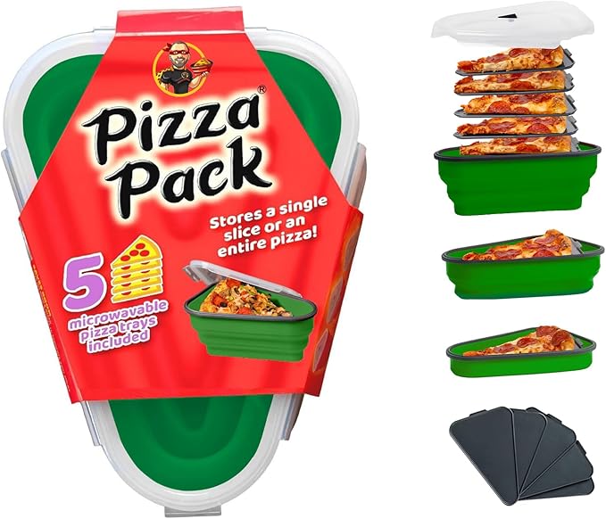 The Perfect Pizza Pack™ - Reusable Pizza Storage Container with 5 Microwavable Serving Trays - BPA-Free Adjustable Pizza Slice Container to Organize & Save Space, Green