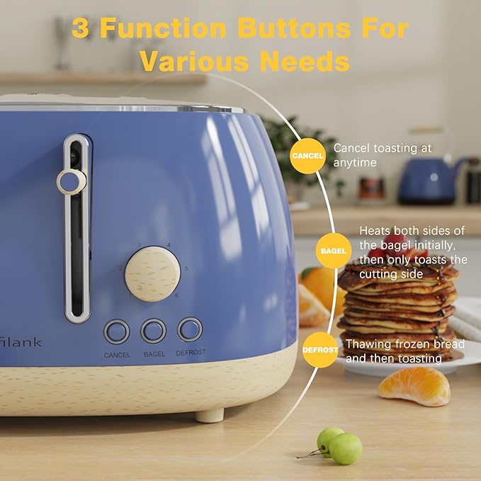 Toaster 4 Slice,Retro Stainless Steel Toaster with Extra Wide Slots Cancel, Bagel, Defrost Function, Dual Independent Control Panel, Removable Crumb Tray and High Lift Lever (Sapphire Blue)
