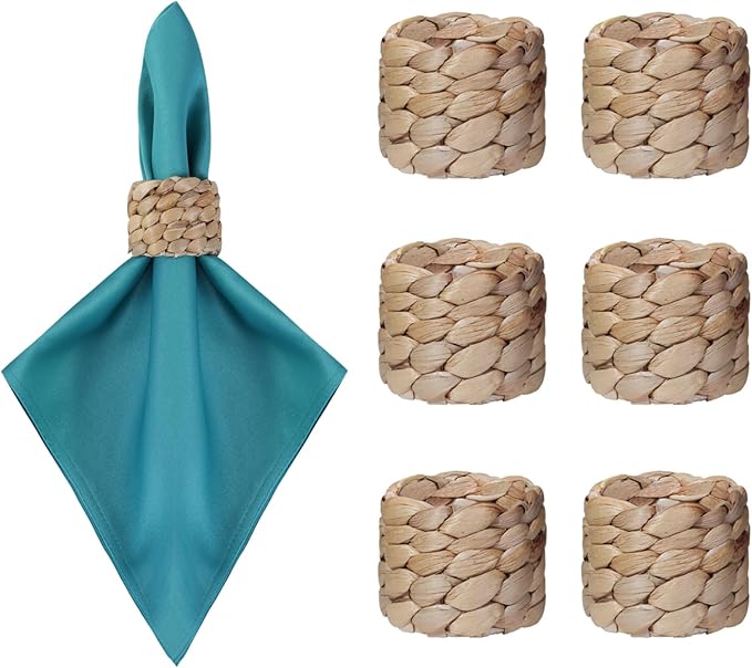 Napkin Rings Set of 6, Natural Water Hyacinth Woven Napkin Holders, 6pcs Rattan Napkin Rings for Rustic Farmhouse, Boho Wedding, Home & Dining Table Decor
