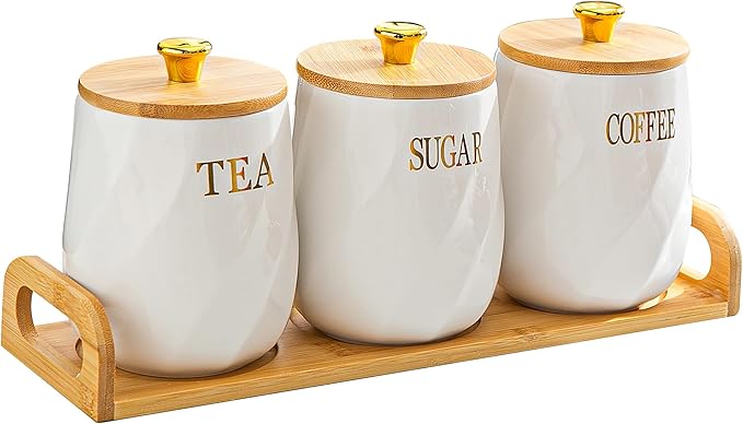 Ceramic Canister Set of 3 for Sugar Coffee Tea with Tray, White Airtight Food Storage Jars with Wood Lids, Kitchen Counter Storage Containers - 23oz