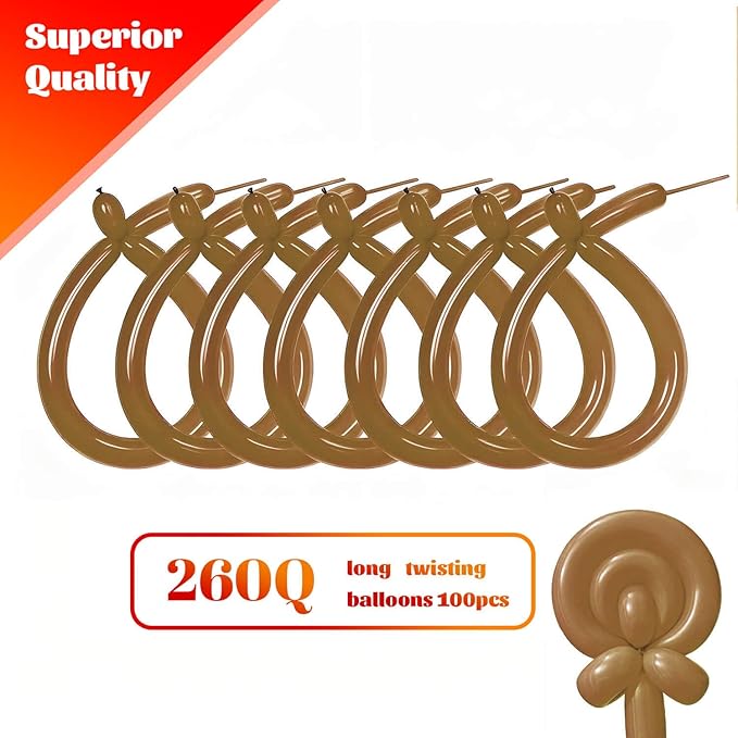 KAWKALSH 260 Coffee Brown Long Balloons for Balloon Garland Thickening Skinny Latex Twisting Animals Modeling Christmas Birthday Wedding Party Festival Decorations 100pcs