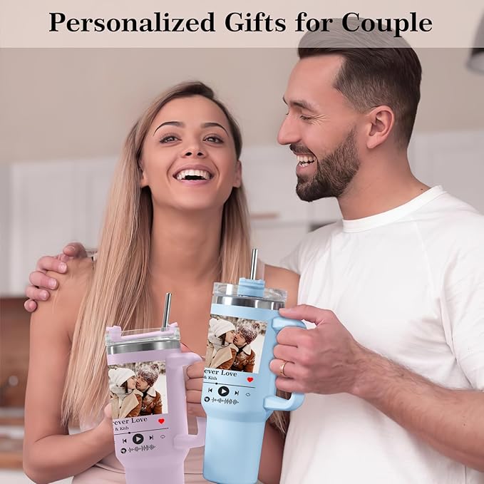 Ships Next Day Custom 40oz Tumbler with Picture&Name, Personalized Tumbler with Handle, Valentines Day Gifts for Him/Her, Girlfriend Boyfriend Gift for Birthday