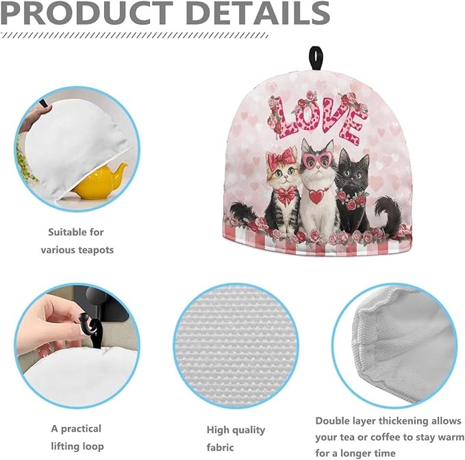 Pink Tea Cozy for Teapot Insulated Love Heart Kettle Cover Thick Home Decorative Cat Kettle Kitchen Dust Cover for Kitchen Accessory