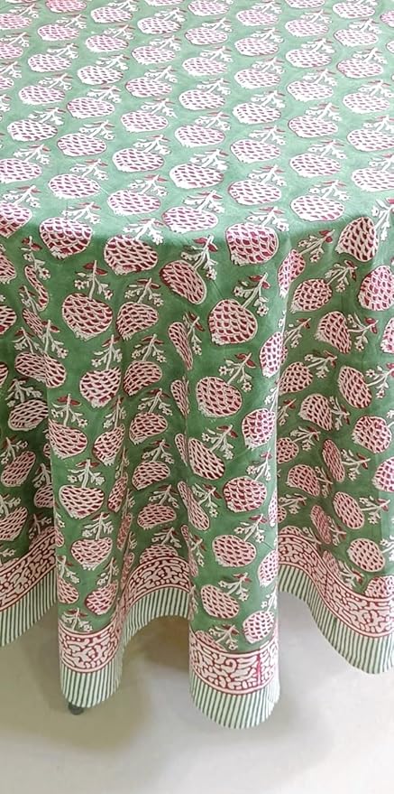 ATOSII Roma Green 100% Cotton Round Tablecloth, Handblock Print Floral Table Cloth for Kitchen Dining Linen I Parties, Weddings, Outdoors, Spring Summer Decor I 90" Inches Round