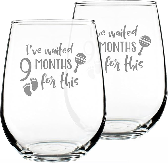 Bevvee Waited 9 Months For This - Funny New Mom Stemless Wine Glass - Push Presents for Expectant Moms and Post Pregnancy Gifts - Set of 2 - Large 17 Ounce