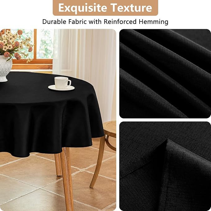 Textured 60 Inch Black Fabric Round Table Cloth, Faux Linen Water Resistant & Wipeable Circle Tablecloth, Washable for Dinning Kitchen Patio