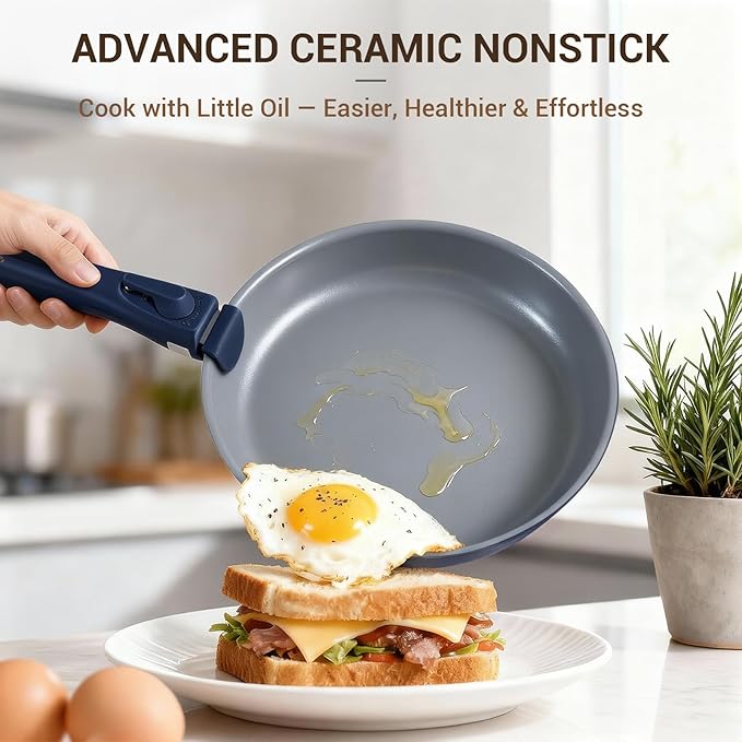 Ammeloo 18-Piece Ceramic Pots and Pans Set Non Stick, Non Toxic Cookware Set with Removable Handles, Pot Sets for Cooking, Induction Ready, Dishwasher & Oven Safe, PFAS PFOA & PTFE Free