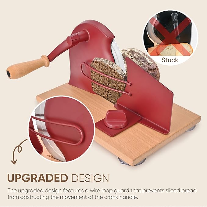 Manual Bread Slicer with Hand Crank, Classic Home Bread Slicer for Homemade Sourdough, Rotary Slicer with Adjustable Thickness, Premium Stainless Steel & Powerful Suction Cups (Red)