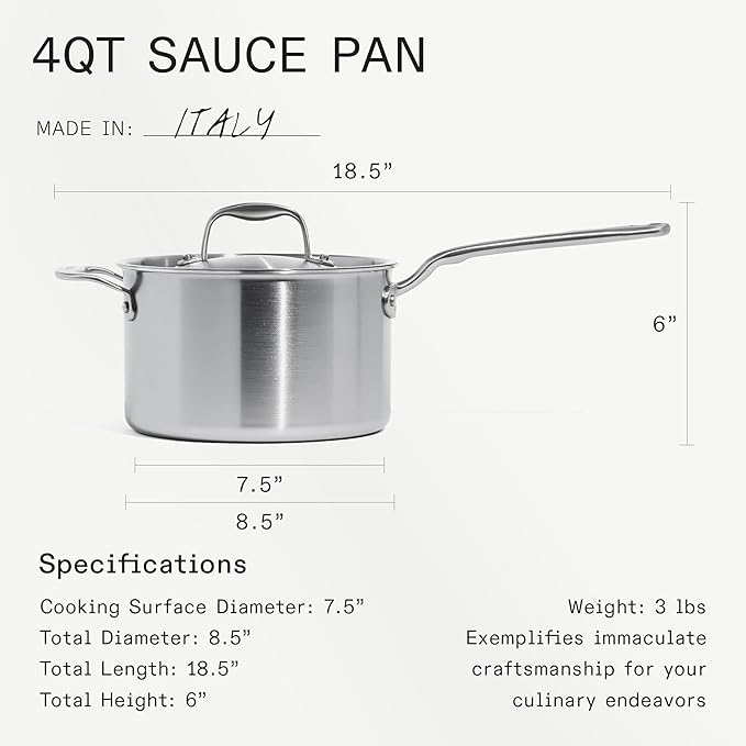 Made In Cookware - 6 Piece Stainless Saucepan Set - 5 Ply Clad - Includes Stainless Steel Saucepans and Saucier with Lid - Professional Cookware - Crafted in Italy