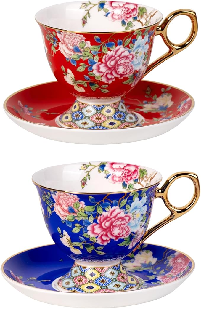 KAMMAK Tea Cups and Saucers Set of 2, Porcelain Coffee Cup with Saucer for Espresso, Cappuccino, 9.8oz Vintage Yellow Floral Ceramic Novelty Mug for Home, Tea Party, Office