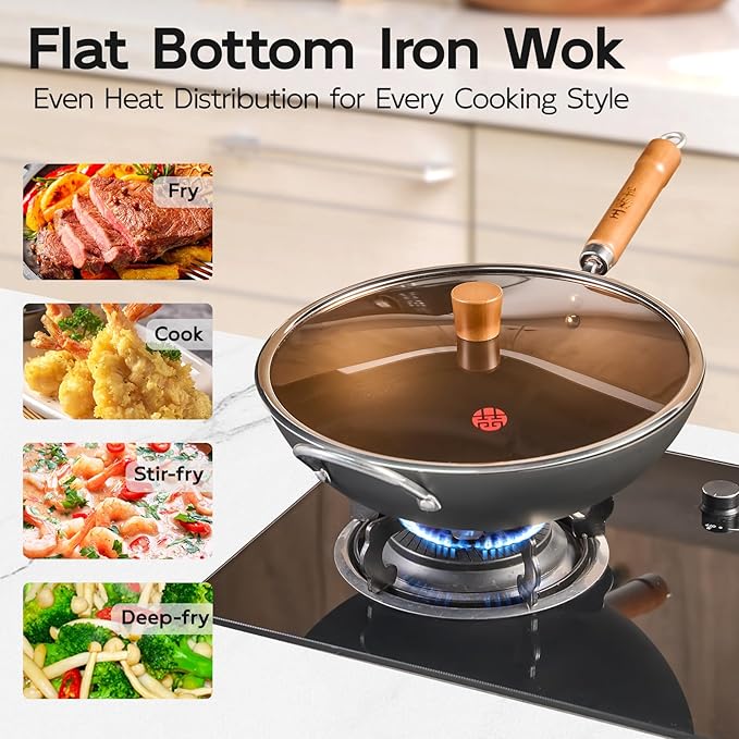 WANGYUANJI 12.6" Flat-Bottom Iron Wok with Glass Lid, Uncoated Stir-Fry Pan, Fast-Heating Refined Iron, Induction/Gas/Electric Compatible, Wooden Handle (Seasoning Required)
