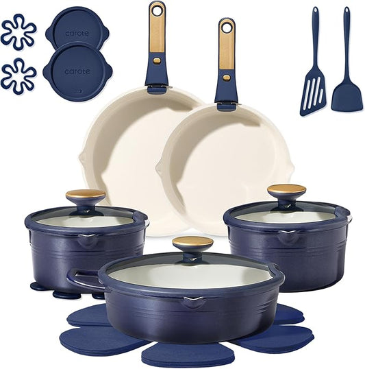 CAROTE 20Pcs Titanium Cookware Set, Pots and Pans Set Non Stick, Kitchen Cooking Set with Detachable Handle, Non Toxic Induction Cookware, Dishwasher/Oven Safe，Blue
