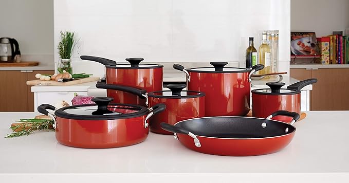 Tramontina Aluminum Non Stick 11-Piece Nesting Pots and Pans Set with Lids - Red, Kitchen Nonstick Cookware Set, Dishwasher and Oven Safe