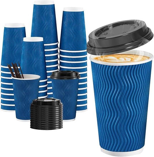 SIUQ 16 oz Coffee Cups-90 Pack Disposable Coffee Cups with Lids and Straws, Insulated Ripple Wall To Go Paper Coffee Cup for Coffee, Hot Chocolate and Hot Tea Drinks - Navy