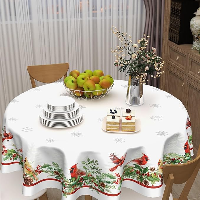 Christmas Round Tablecloth 60 Inch Winter Holiday Red Bird Holly Leaf Circle Table Cloth Xmas Snowflake Theme Table Cover for Kitchen Dinner Home Decor