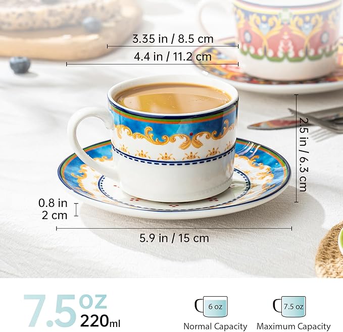 UNICASA Ceramic Coffee Cup with Saucers, 6 oz Colorful Mugs with Dishes, Porcelain Cups Set of 4 for Latte, Cappuccino, Tea, Boho Style, Microwave & Dishwasher Safe
