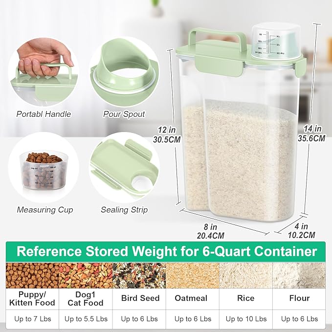 TBMax Airtight Rice Container 10 Lbs, Cereal Dispenser, Pet Cat Dog Food Storage Container, Plastic Kitchen Pantry Food Storage Holder with Cup -Light Green