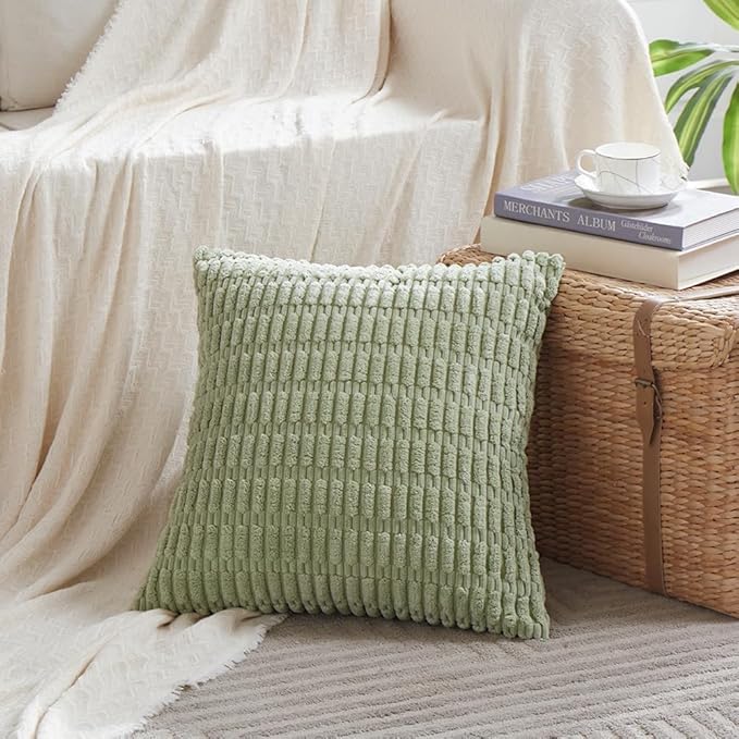 Fancy Homi 4 Packs Sage Green Decorative Throw Pillow Covers 22x22 Inch for Living Room Couch Bed Sofa, Rustic Farmhouse Boho Home Decor Soft Plush Striped Corduroy Square Cushion Case 55x55 cm