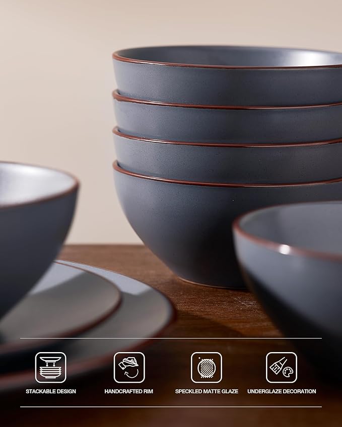 Famiware Venus Speckled Dinnerware Set with Pasta Bowls, Service for 4 (16 Pieces), Stoneware Plates and Double Bowls Sets, Microwave & Dishwasher-Safe Dishes with Trim, Matte Charcoal