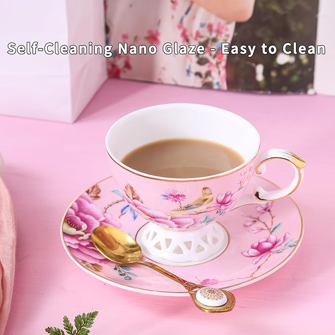 Bone China Cup & Saucer Set, Vintage Ceramic Coffee Cup with Gold Trim, Porcelain Floral Tea Cup with Saucer Spoon, Dishwasher Safe, Food Grade Coffee Mug for Tea Party, Gifts Giving, 6.8 oz