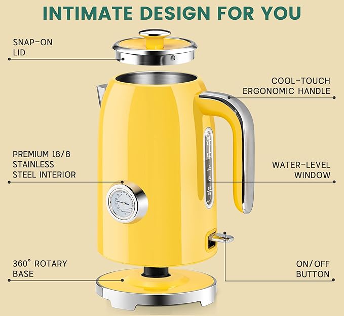 SUSTEAS Electric Kettle - 57oz Hot Tea Kettle Water Boiler with Thermometer, 1500W Fast Heating Stainless Steel Tea Pot, Cordless with LED Indicator, Auto Shut-Off & Boil Dry Protection, Retro Yellow