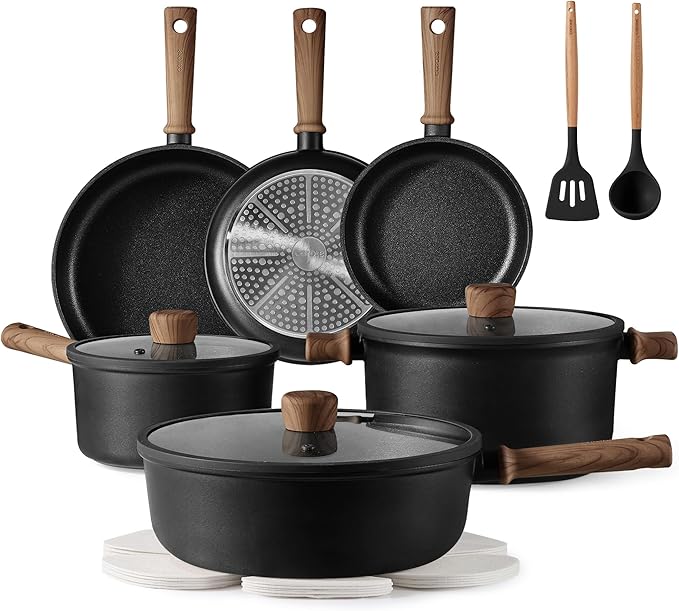 CAROTE Nonstick Pots and Pans, Induction Titanium Cookware Set 16pcs Kitchen Cooking Sets, Pot and Pan Non Stick w/Frying pan (PFOS, PFOA Free)