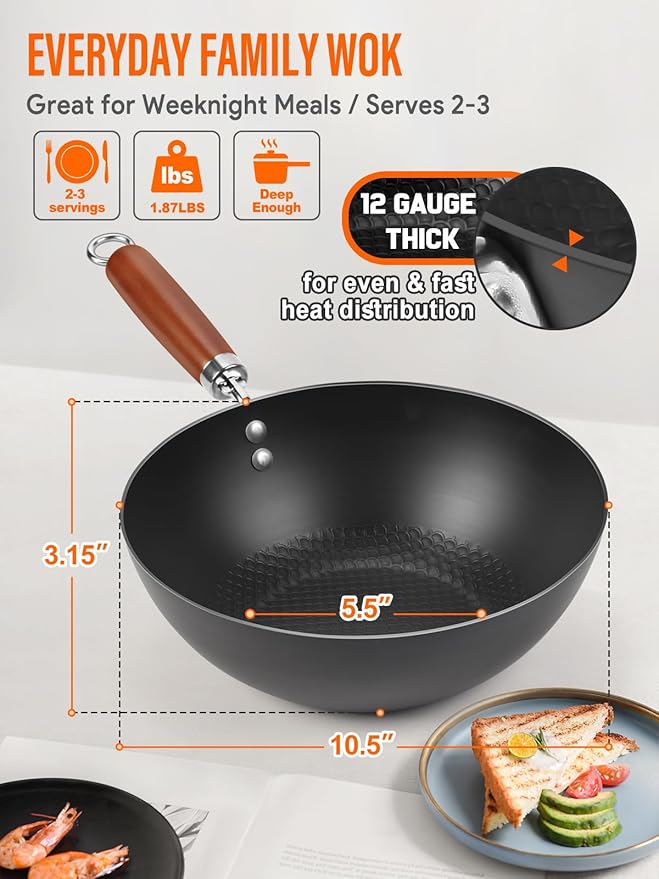10.5-Inch Carbon Steel Wok, Stay-Cool Wooden Handle Stir-Fry Pan for 2–3 Servings, Non Toxic, Oven-Safe, Authentic Chinese Cooking For All Stovetops, 2-Piece Set