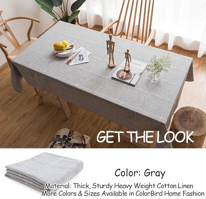 ColorBird Solid Embroidery Lattice Tablecloth Cotton Linen Dust-Proof Checkered Table Cover for Kitchen Dinning Tabletop Decoration (Rectangle/Oblong, 52 x 120 Inch, Grey)