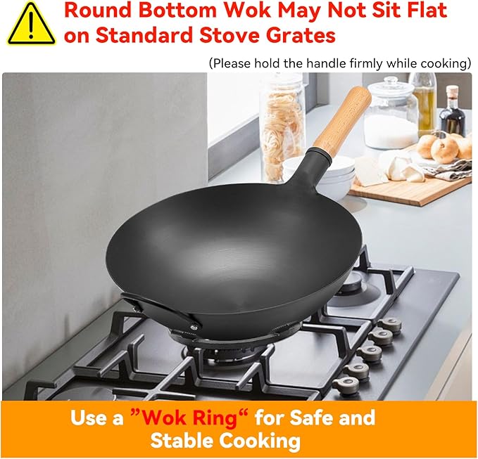 WANGYUANJI 14.2 Inch Round-Bottom Iron Wok, Deep Chinese Stir-Fry Pan (Seasoning Required), Wok Ring Required, Not Flat-Top/Induction — No Lid, No Ring,Wooden Handle, Coating-Free