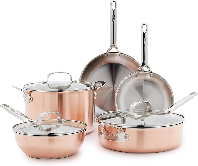GreenPan x Bobby Flay 8 Piece Copper Clad Pots & Pans, Induction Ready Cookware, Measurement Markings, Stainless Steel Base & Interior, Oven Safe to 500˚F