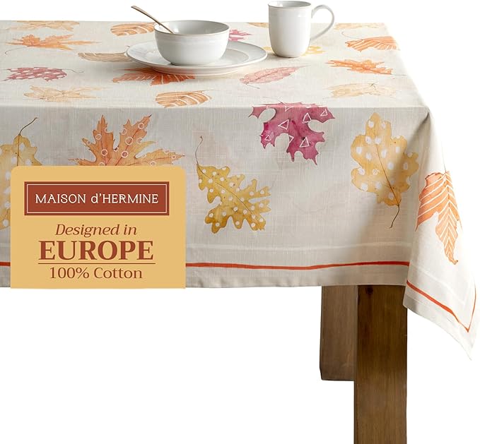 Maison d' Hermine Table Cloth Rectangle Table 100% Cotton 60 x 108 Inches Fall Tablecloth Reusable Everyday Use for Thanksgiving Christmas Decorations Dining Farmhouse Party (Colours of Autumn)