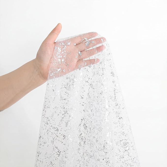 Artoid Mode White Silver Gauze Table Runner 59x120 Inch 10FT, Glitter Metallic Foil Sheer Dining Holiday Wedding Anniversary Birthday Table Decor for Home Party
