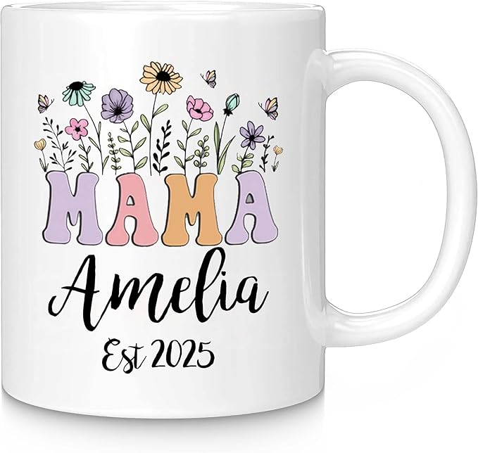 Custom Christmas Coffee Mug Gifts for Mom,11oz Personalized Ceramic Mama Cup with Photo Text & Birth Flower, Customized Birthday Gift for New Moms (Mom-Text)