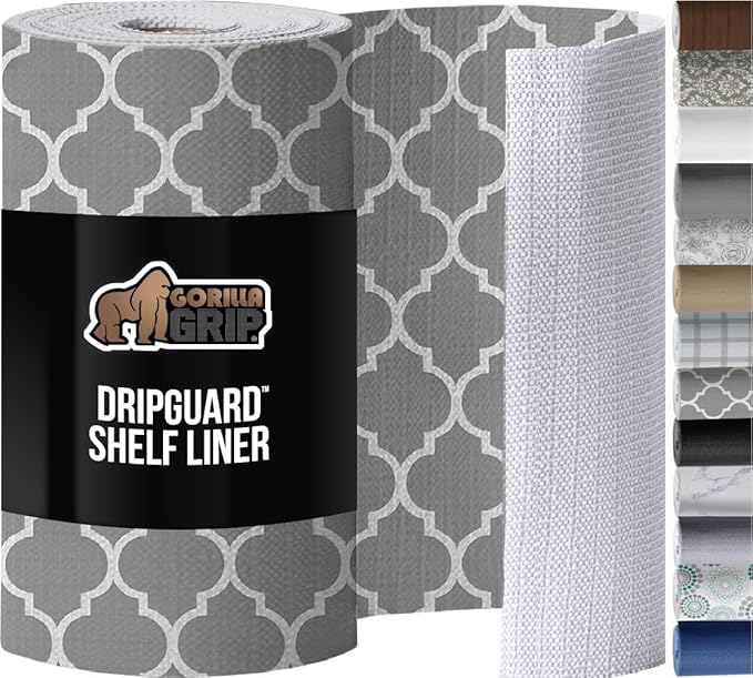 GORILLA GRIP Slip Resistant Drawer and Shelf Liner 2 Pack, Non Adhesive Water Resistant, Easy Clean and Trim, Smooth Surface Liners for Kitchen Cabinet Shelves Drawers Pantry 12 IN x 10 FT, White Gray