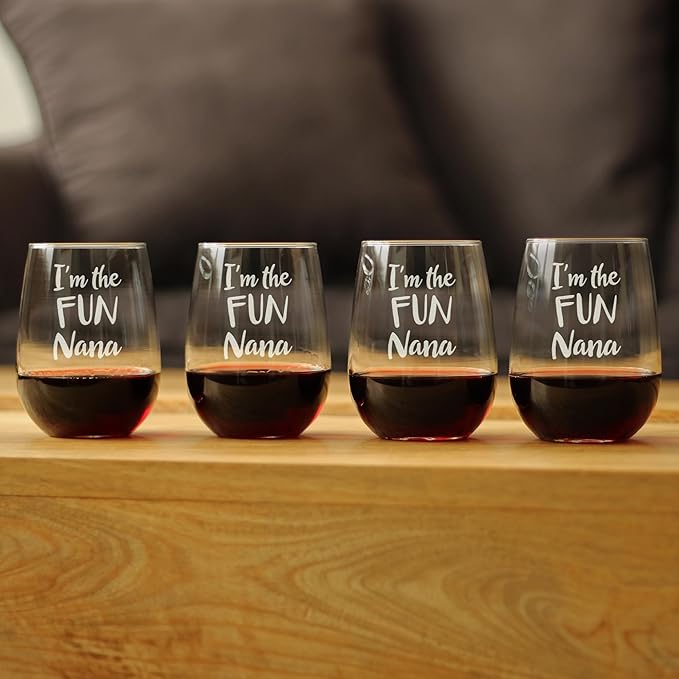 Bevvee Fun Nana - Set of 4 - Funny Stemless Wine Glass, Large Glasses, Etched Sayings, Gift Box