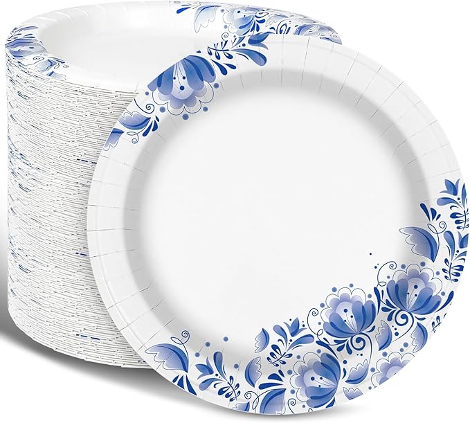 Charmount Paper Plates Bulk 8.5 Inch, 150pcs Disposable Plates, Blue Paper Plates for Parties and Daily Use, Soak Proof, Cut Proof, Flower Printed