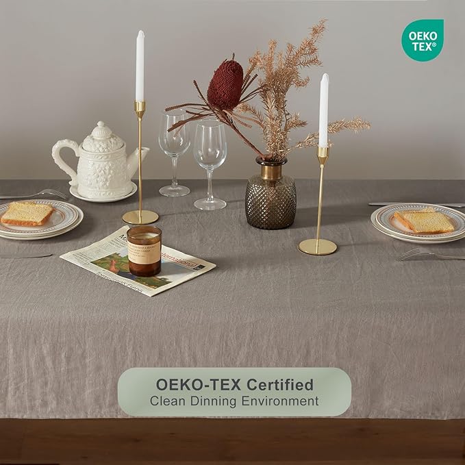 TOSMO 100% French Linen Tablecloth, Washable Farmhouse Rectangle Table Cloth for Kitchen, Dining, Party, Cocktail, Indoor and Outdoor Daily Use(52''x70'',Taupe)