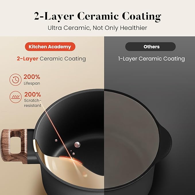 Kitchen Academy Non Toxic Pots and Pans Set Non Stick - 10 Pcs Induction Ceramic Cookware Set, Healthy Nonstick Black Cooking Pans Set, PFAS/PTFE/PFOA & PFOS Free