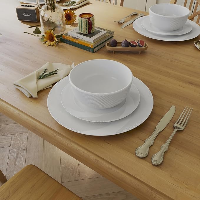Yoshy 12-Piece White Bone China Dinnerware with Lightweight Durable Chip Resistant Design Service for 4 (12 Piece - Service for 4, Rhythmlight)