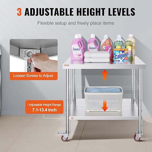 Vevor 30x36x34 Inch Stainless Steel Work Table 3-Stage Adjustable Shelf with 4 Wheels Heavy Duty Commercial Food Prep Worktable with Brake for Kitchen Prep Work