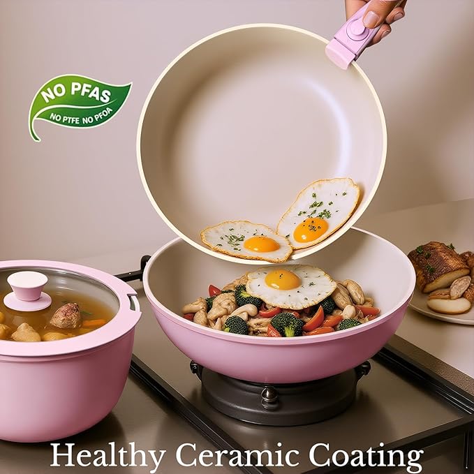 Pots and Pans Set Non Stick, Ceramic Cookware Set Detachable Handle, RV Camping Kitchen Cooking Set Removable Handles, Dishwasher/Oven/Fridge Safe, Induction, Space Saving，PINK
