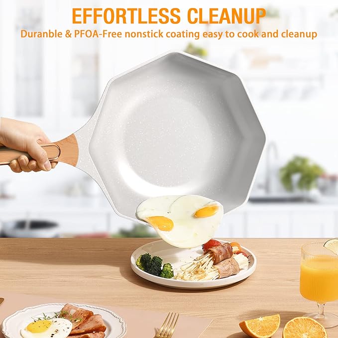 Ceramic Nonstick Octagonal Wok 12.5 inch Die-cast Induction Woks and Stir Fry Pans with Glass Lid PFOA Free (Cream White)