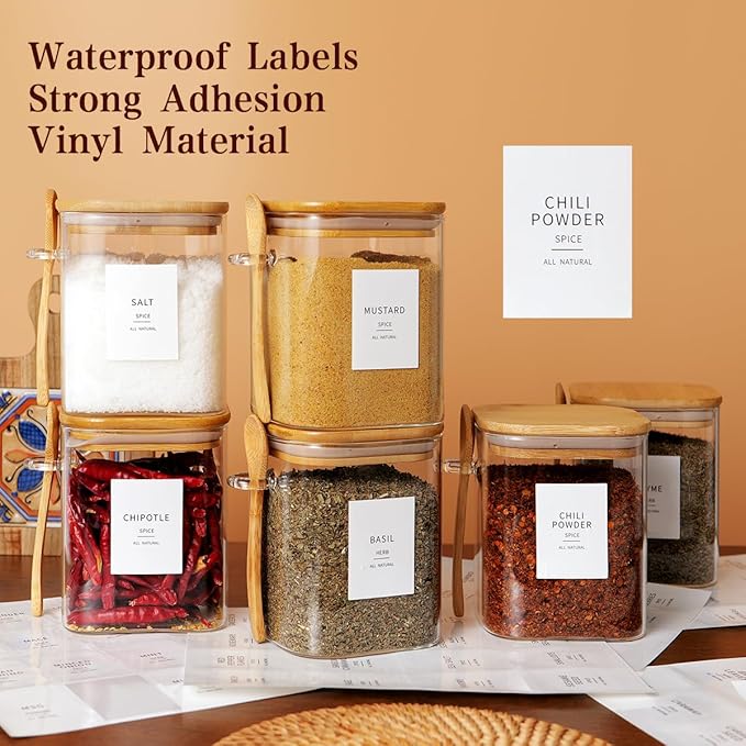6 Pcs Square Glass Jar with Bamboo Lid and Spoon - 27 oz Large Sugar Container with 148 Kitchen Pantry Spice Jar Labels Preprinted - Glass Containers with Wooden Lids Hold Coffee, Tea, Candy